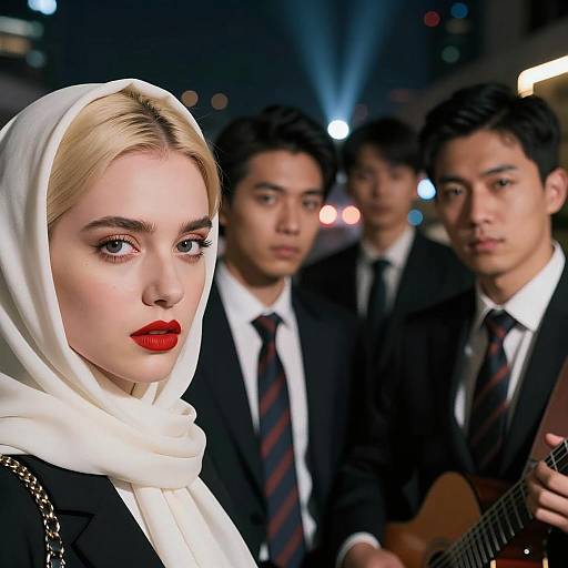 Vibrant Night City Scene with Four Figures