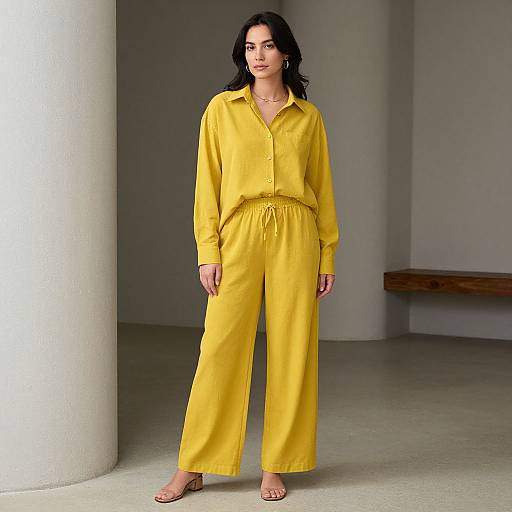 Photograph of a woman with long black hair wearing a bright yellow, long-sleeve, button-up jumpsuit with wide-leg pants and brown sandals