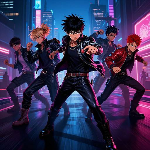 Anime-style digital artwork of six male characters in a neon-lit city street, fighting stances, wearing black and red outfits, under vibrant blue and