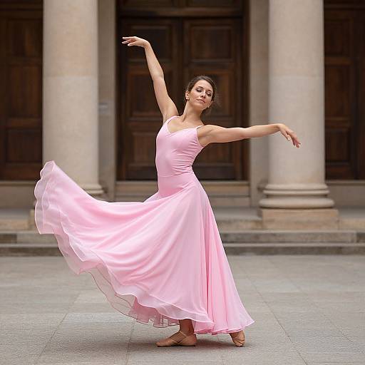 Photograph of a graceful woman in a flowing pink dress, mid-dance pose, arms extended, in front of a classical building with columns.