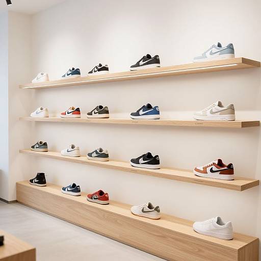 Photograph of minimalist shoe display: four wooden shelves with various sneakers, including white, black, blue, and red, illuminated by under-shelf lighting
