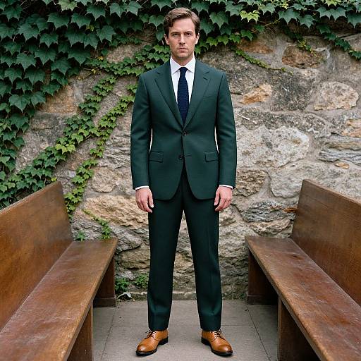 Photograph of a serious, fair-skinned man with short brown hair, wearing a black suit, white shirt, black tie, and brown shoes,