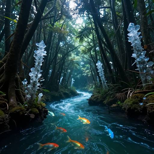 Photograph of a mystical forest stream with glowing white jellyfish-like structures, vibrant orange and blue koi fish, and lush greenery.