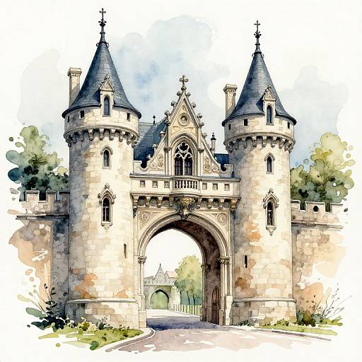 Watercolor Gothic Revival Castle Gatehouse