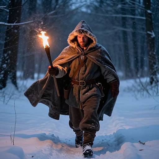Medieval Traveler in Snowy Twilight Forest