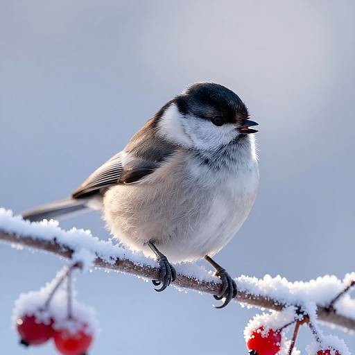 Photograph of a black-capped chickadee with white and gray feathers, perched on a snow-covered branch with red berries, against a bright