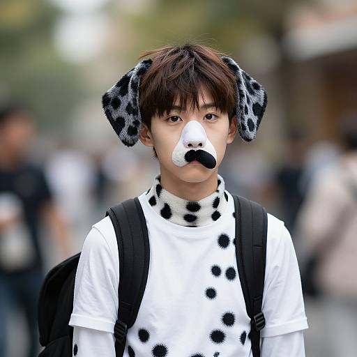 Photograph of an Asian teenage boy with brown hair wearing a Dalmatian-themed mask, white shirt, black backpack, and dog ears, standing