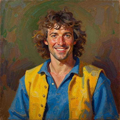 Vibrant oil painting of a smiling man with curly brown hair, blue shirt, and yellow vest, against a dark, textured background.