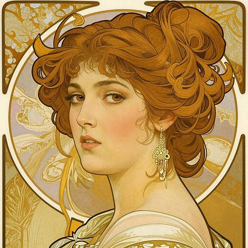 Digital art of a fair-skinned woman with curly auburn hair, golden earrings, and soft expression, set against a golden, ornate circular