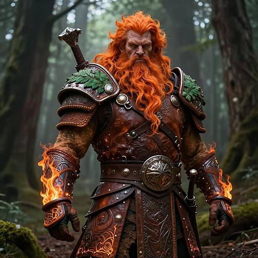 Photorealistic digital artwork of a muscular, bearded warrior with fiery red hair and beard, wearing ornate, fire-embellished armor in