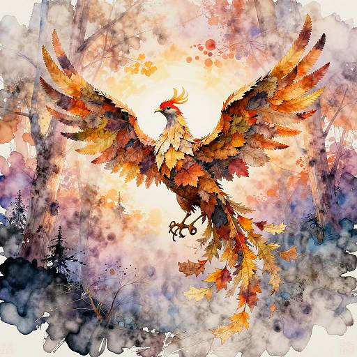 Digital watercolor painting of a majestic, fiery phoenix with orange, red, and yellow feathers, soaring against a vibrant, splattered background of purples