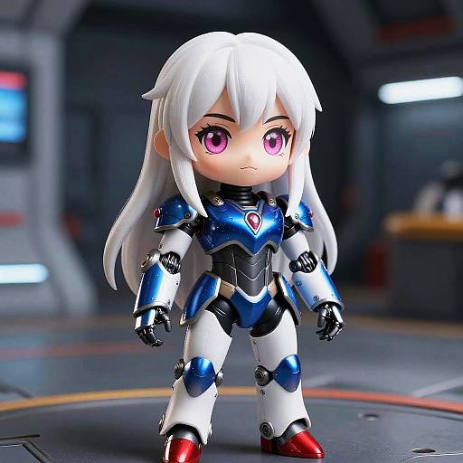 Chibi-style anime girl with white hair, pink eyes, and blue-white cybernetic armor stands in a futuristic, dimly-lit space.