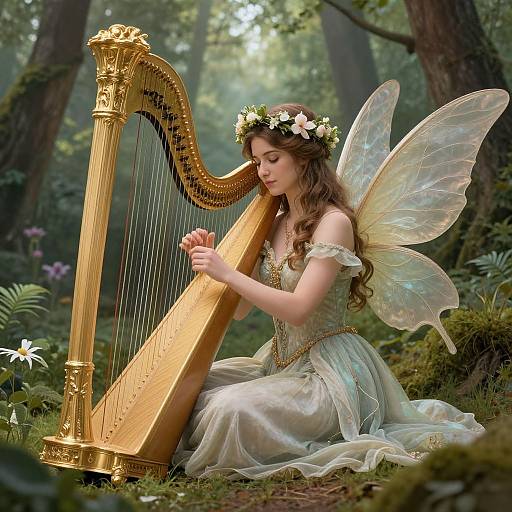 Photorealistic fairy playing a golden harp in a lush forest, wearing a floral crown, delicate wings, and a shimmering white dress.