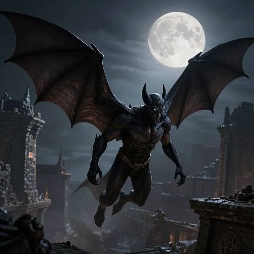 Digital artwork of a dark, muscular bat-winged werewolf soaring under a full moon in a Gothic cityscape with crumbling buildings.