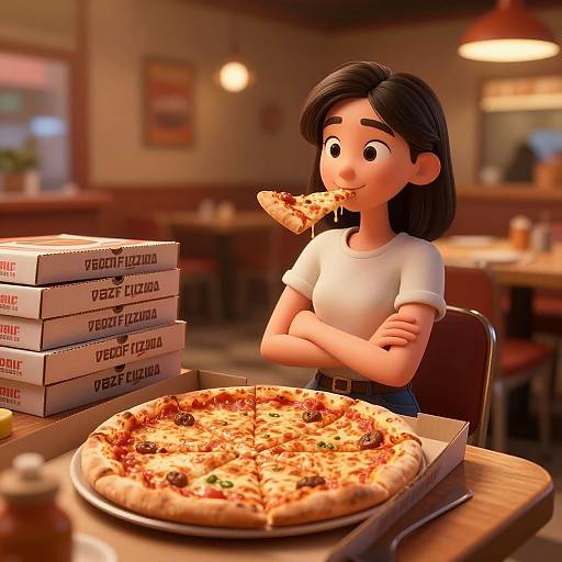 Digital artwork of a cute, black-haired girl in a white shirt, eating a slice of pizza in a cozy pizzeria, with stacked Pizza Hut