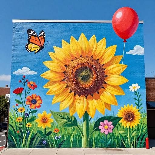 Vibrant Sunflower Mural with Balloon