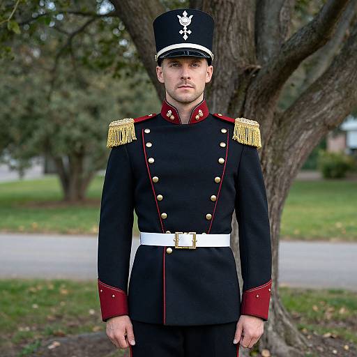 Photograph of a young Caucasian male in a black military uniform with red accents, gold epaulets, white belt, and black hat, standing