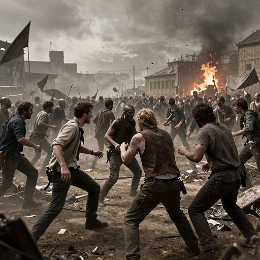 Photograph of a chaotic street battle with a group of dirty, disheveled men fighting amidst smoke and fire, holding flags and engaging in fierce combat