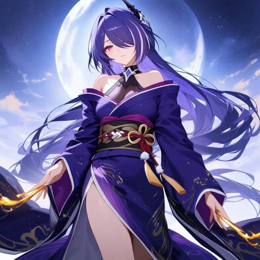 Elegant Girl in Purple Kimono at Night