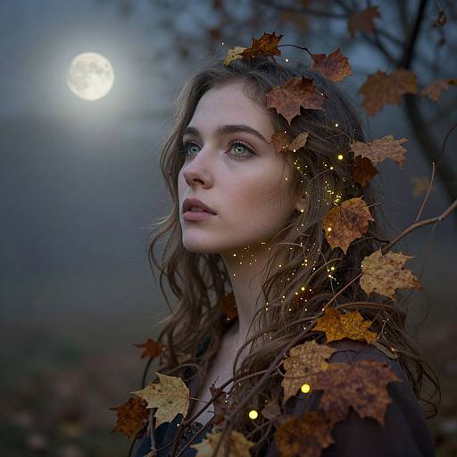 Photograph of a young woman with green eyes, wavy brown hair, and fair skin, surrounded by autumn leaves and fairy lights, gazing at
