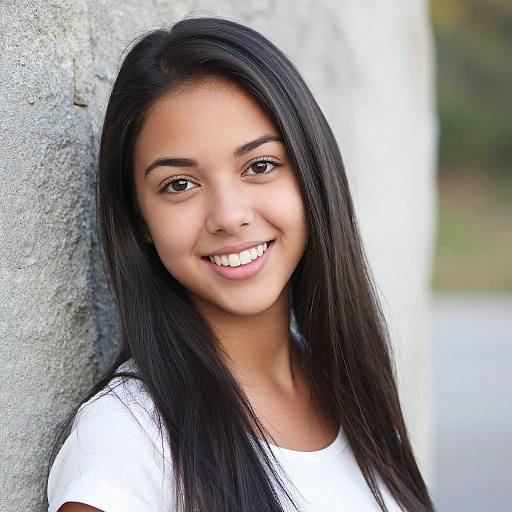 Photograph of a young woman with long, straight black hair, brown eyes, and a warm smile, wearing a white shirt, leaning against a textured