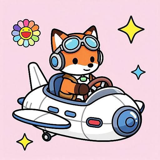 Chibi-style digital drawing of an orange fox with goggles, flying a small white airplane with blue accents, surrounded by stars and a multicolored flower