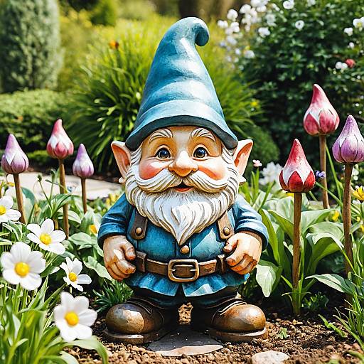 Charming Garden Gnome Statue in Blooming Spring Garden