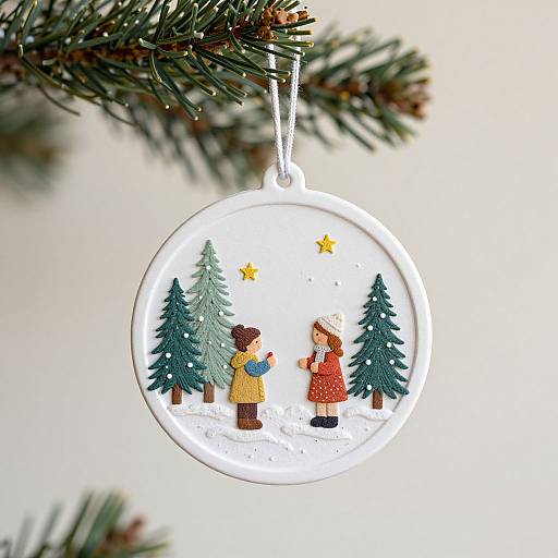 Whimsical Christmas ornament featuring two children in winter clothes, with snow-covered trees and stars, hanging from a pine branch.