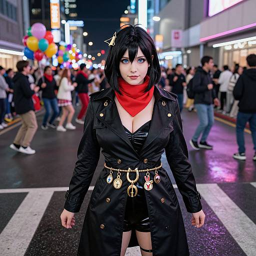 Photograph of a young woman in a black cosplay outfit with a red scarf, star hairpin, and gold accessories, standing in a vibrant, neon