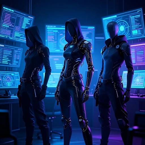 Photorealistic CGI of three futuristic, black, bodysuit-clad, faceless women standing in a neon-blue-lit, high-tech control
