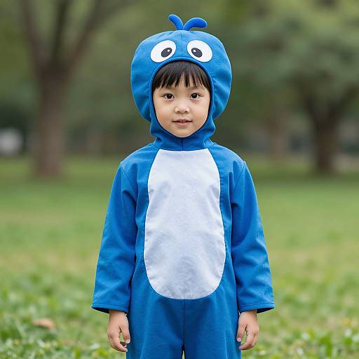 Photograph of an Asian toddler in a blue, penguin-themed costume with white belly, standing in a green, grassy park.