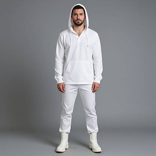 Photograph of a bearded man in white hooded jacket, pants, and boots, standing against a plain gray background, looking directly at the camera