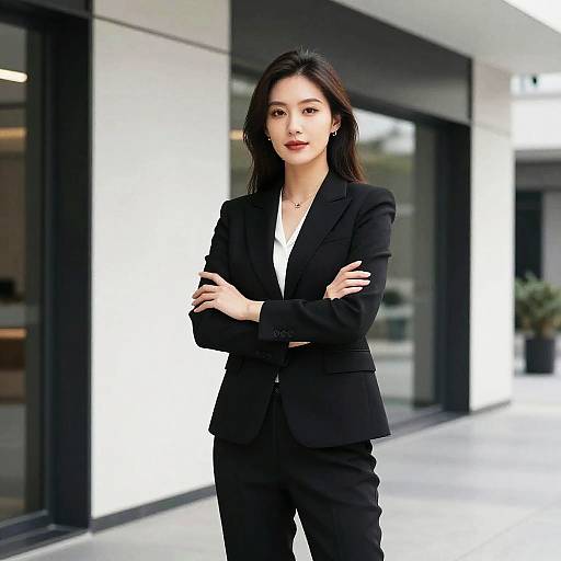 Photograph of an Asian woman with long black hair, wearing a black blazer and pants, standing confidently with arms crossed in front of a modern glass
