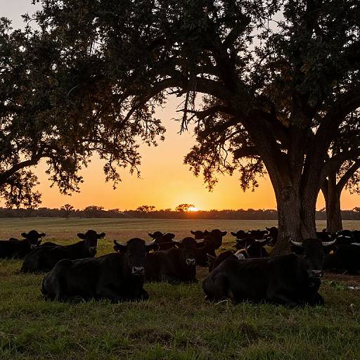 Photograph of black cows silhouetted under a large tree at sunset, with an orange sky and grassy field in the background.