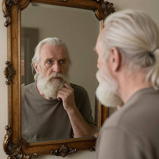 Photograph of an older man with a white beard and gray hair, wearing a brown shirt, reflecting in an ornate, wooden-framed mirror,