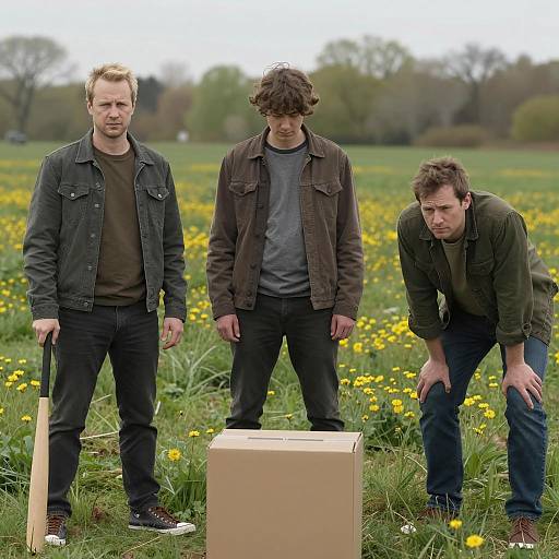 Three Men in a Grassy Field Scene