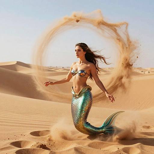 Photograph of a mermaid with a shimmering blue-green tail, golden top, and long brown hair, creating a sand whirl in a sunlit