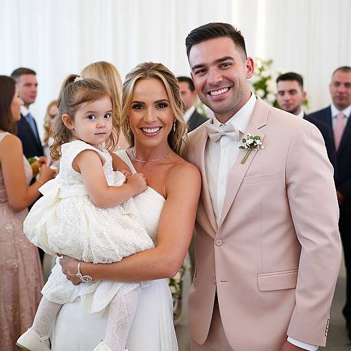 Photograph of a smiling bride in white, holding a young girl in a white dress, and a groom in a light pink suit, at an outdoor