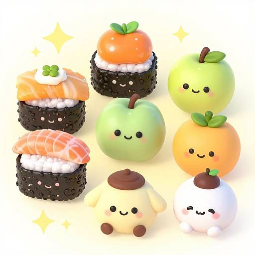 Cute, chibi-style, pastel-colored sushi and fruit-themed cake toppers with smiling faces and small brown eyes, arranged in a cluster.