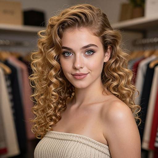 Photograph of a young woman with curly blonde hair, blue eyes, and fair skin, wearing a beige strapless top, standing in front of a