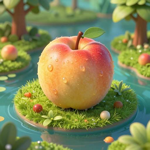 CGI image of a juicy, wet, red-orange peach with a green leaf on a grassy island in a serene, blue water landscape surrounded by