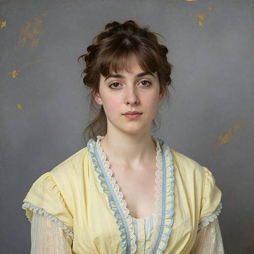 Photograph of a young woman with fair skin, brown hair in a loose updo, wearing a yellow Victorian-style dress with blue lace trim, against