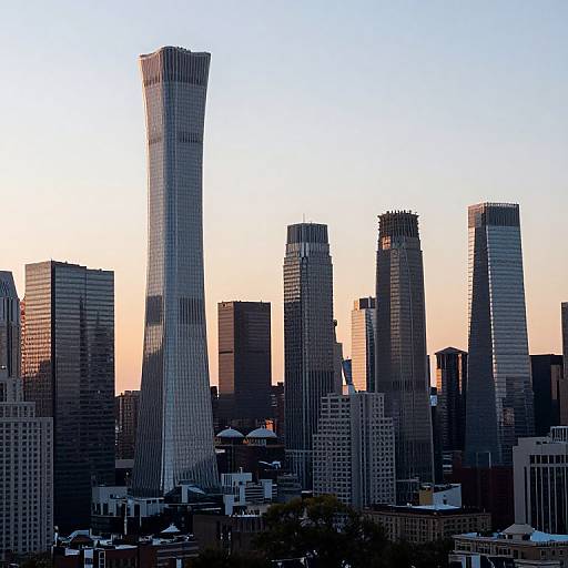 Photograph of a city skyline at sunset, featuring tall, modern skyscrapers with reflective glass facades, silhouetted against a gradient sky