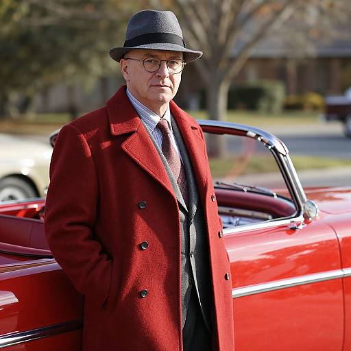 Elderly man in a black fedora, glasses, red coat, and gray suit, stands by a shiny red classic convertible. Photographic image