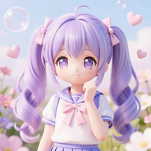 Anime-style digital illustration of a cute, purple-haired girl with twin pigtails, large purple eyes, wearing a white sailor school uniform, against a