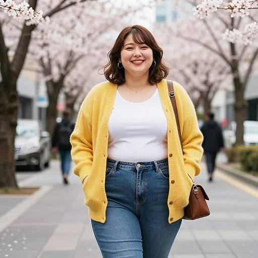 Photograph of a smiling Asian woman with shoulder-length brown hair, wearing a yellow cardigan, white tank top, high-waisted blue jeans,