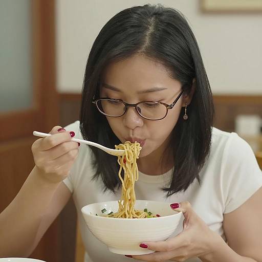 Asian Woman Enjoying Noodles Indoors