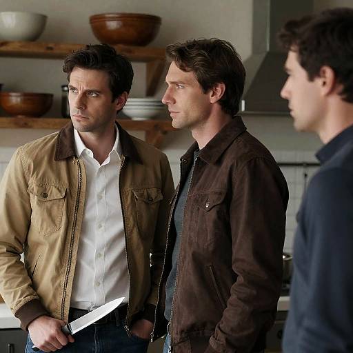 Tense Kitchen Scene with Three Men