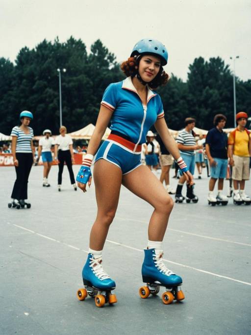 Retro Woman in Blue Roller Skating Outfit