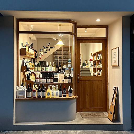 Photograph of a warmly lit, modern wine shop with wooden door, glass display window showcasing various bottles, and a sign on the right.